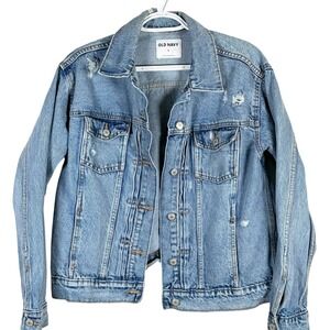 Old Navy Denim Jacket Womens Medium Blue Distressed Cotton Trucker Jean Jacket
